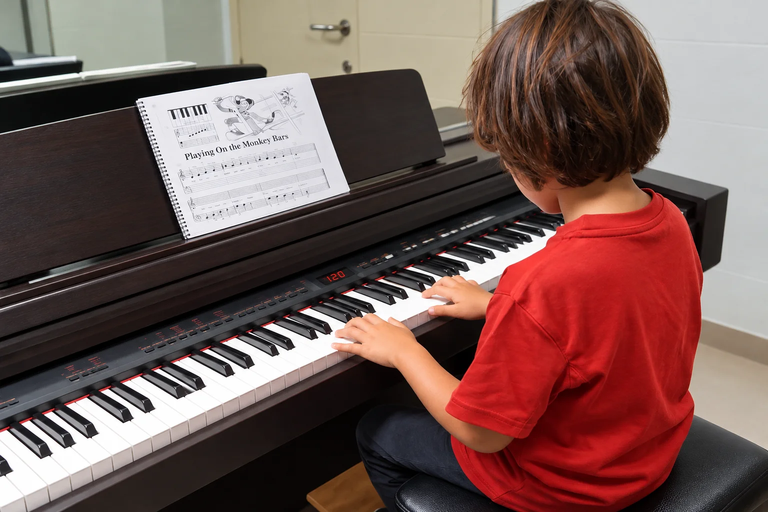 Niño practicando piano con una partitura